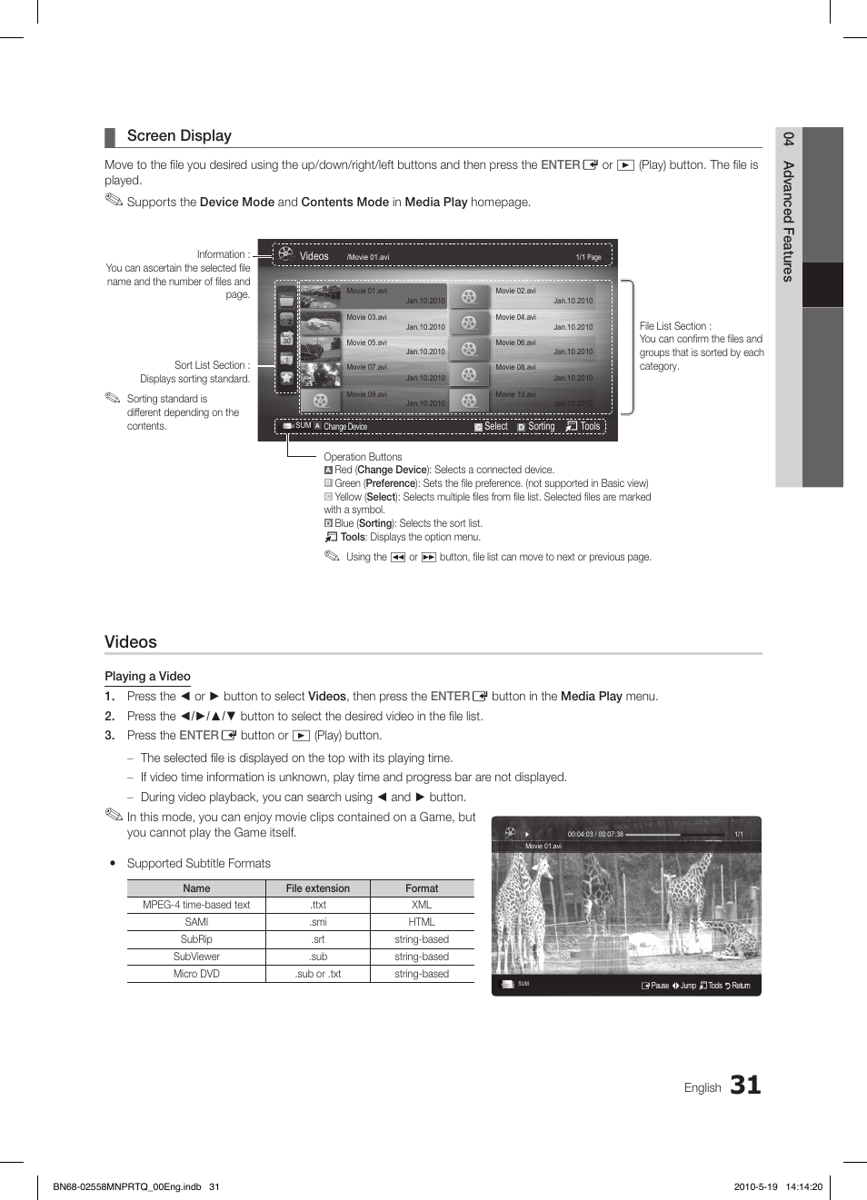 Videos, Screen display | Samsung LE32C650L1W User Manual | Page 31 / 209