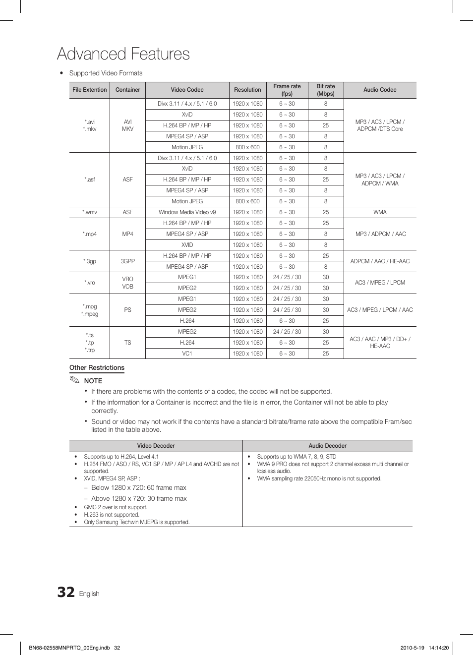 Advanced features | Samsung LE32C650L1W User Manual | Page 32 / 209