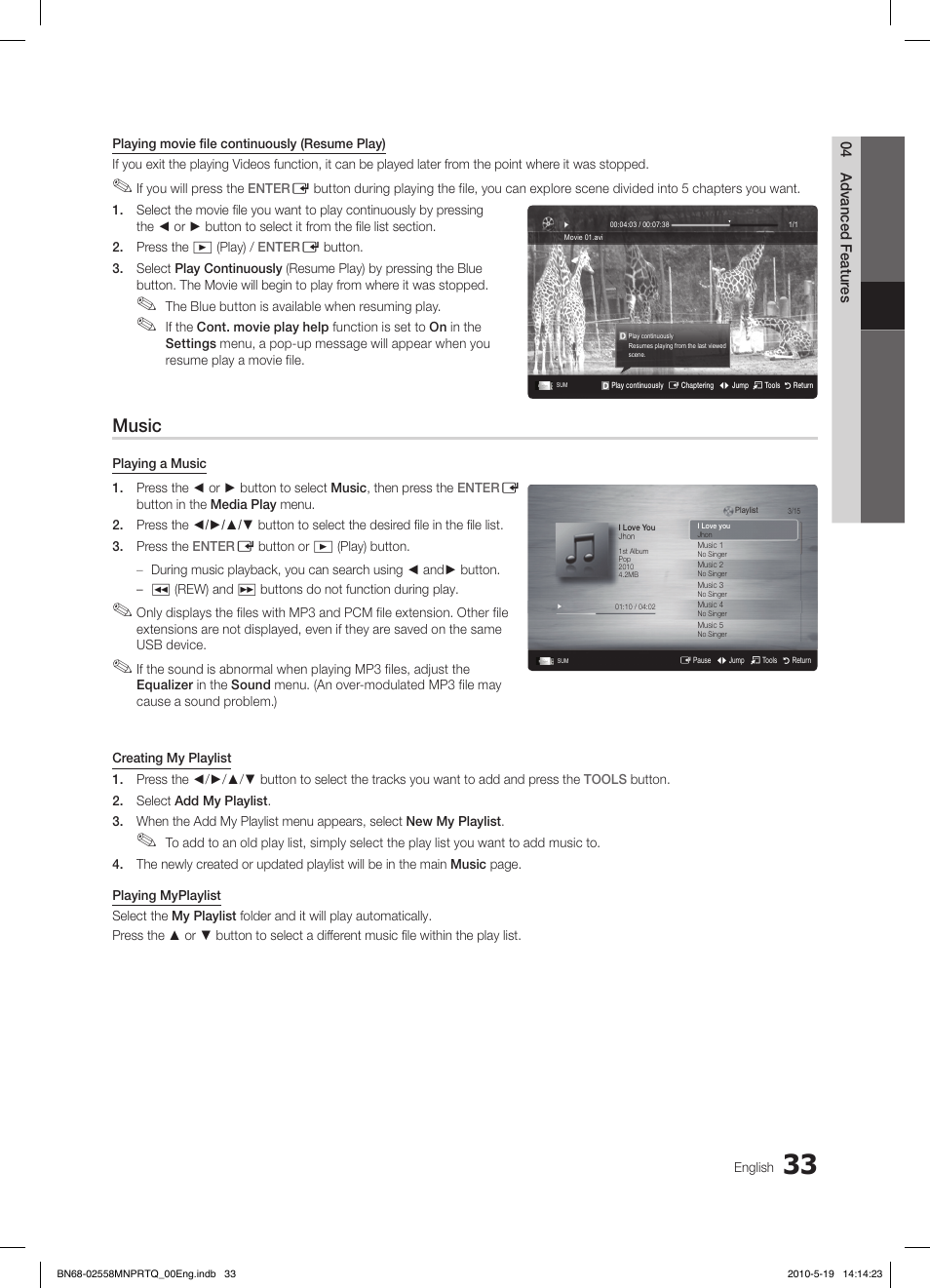 Music | Samsung LE32C650L1W User Manual | Page 33 / 209