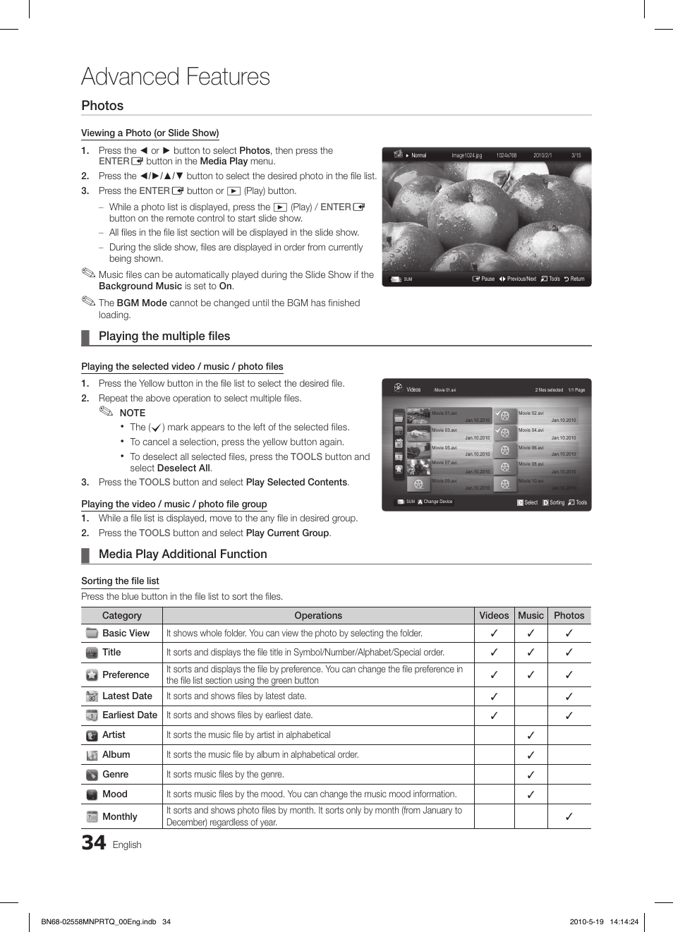 Advanced features, Photos, Playing the multiple files | Media play additional function | Samsung LE32C650L1W User Manual | Page 34 / 209