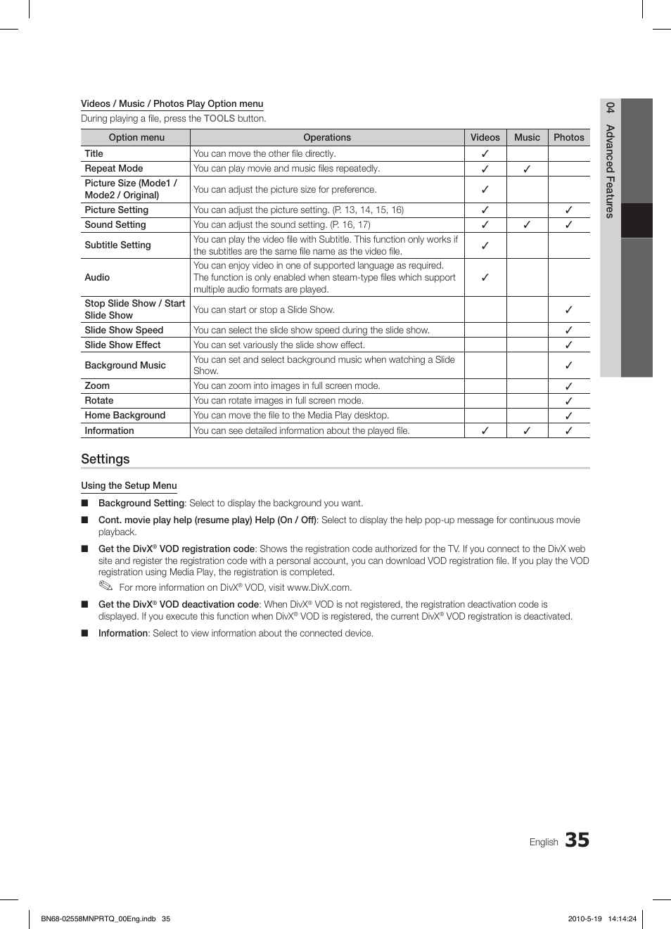 Settings | Samsung LE32C650L1W User Manual | Page 35 / 209