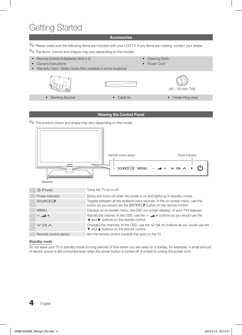 Getting started | Samsung LE32C650L1W User Manual | Page 4 / 209