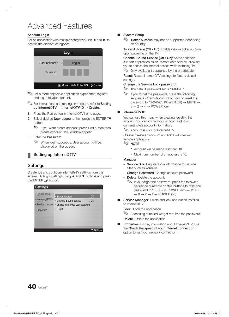 Advanced features, Settings | Samsung LE32C650L1W User Manual | Page 40 / 209