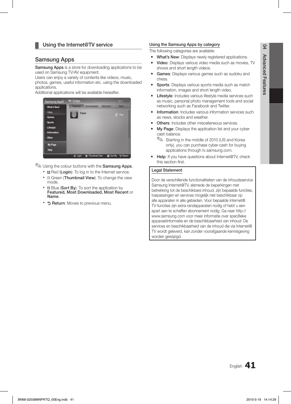 Samsung apps, Using the internet@tv service | Samsung LE32C650L1W User Manual | Page 41 / 209