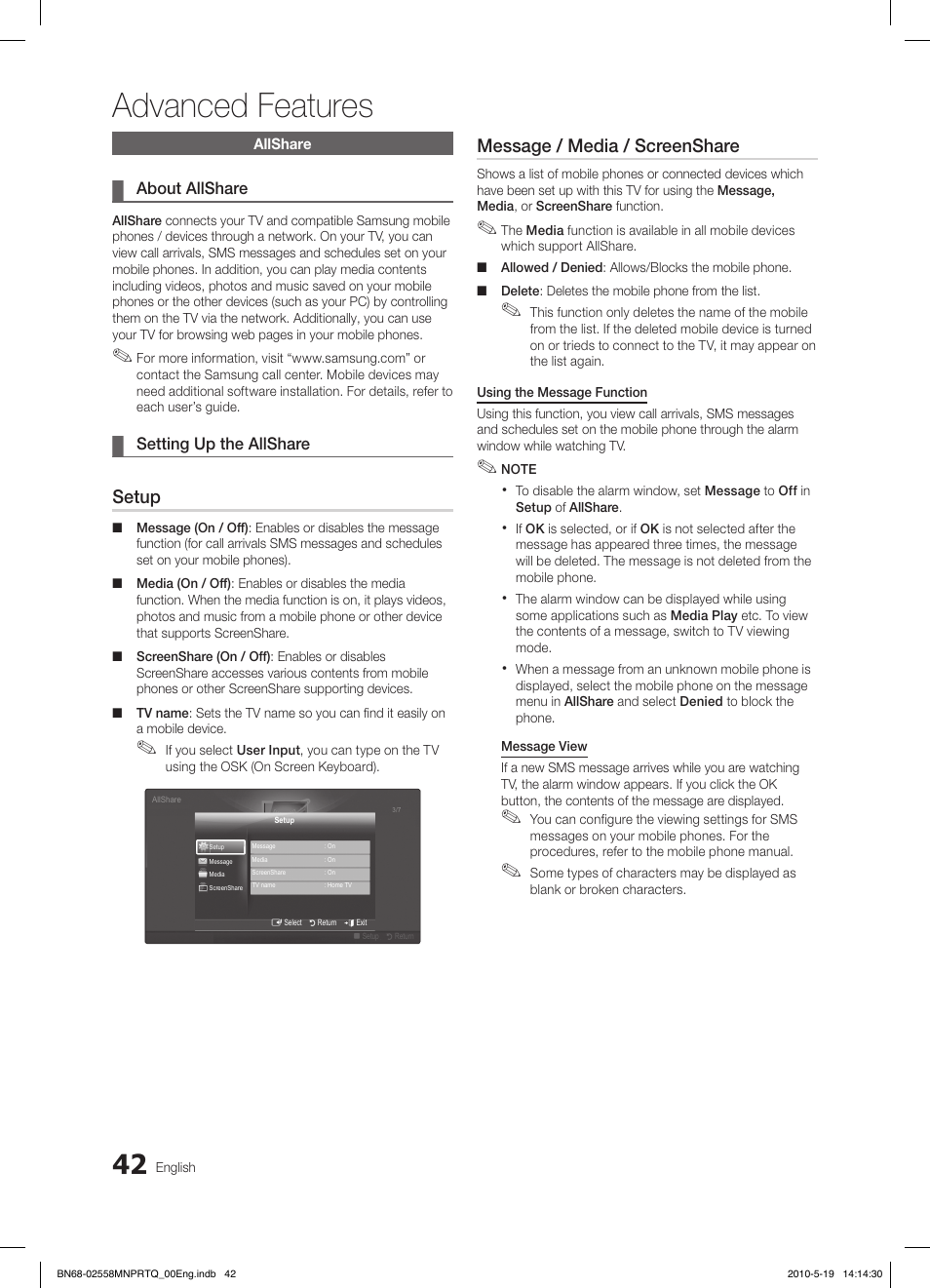 Advanced features, Setup, Message / media / screenshare | Samsung LE32C650L1W User Manual | Page 42 / 209