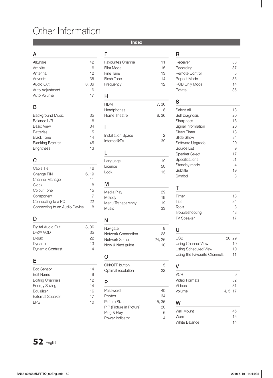 Other information | Samsung LE32C650L1W User Manual | Page 52 / 209