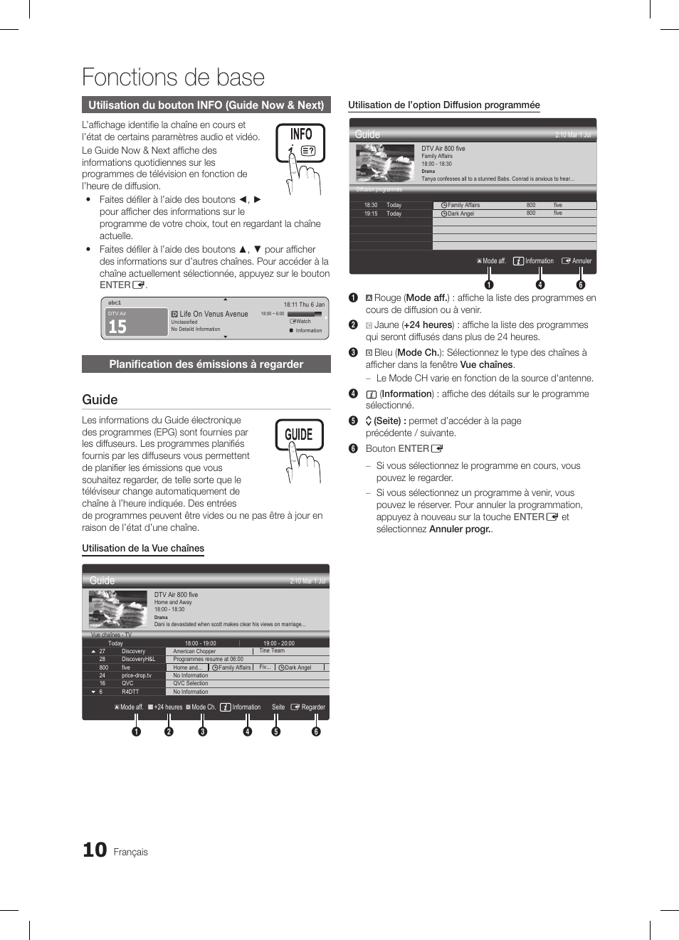 Fonctions de base, Guide, Utilisation du bouton info (guide now & next) | Planification des émissions à regarder, Power | Samsung LE32C650L1W User Manual | Page 62 / 209