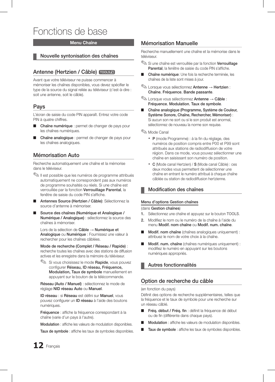Fonctions de base, Antenne (hertzien / câble), Pays | Mémorisation auto, Mémorisation manuelle, Option de recherche du câble | Samsung LE32C650L1W User Manual | Page 64 / 209