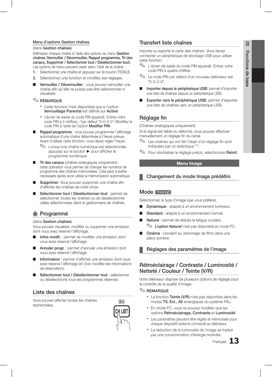 Programmé, Liste des chaînes, Transfert liste chaînes | Réglage fin, Mode | Samsung LE32C650L1W User Manual | Page 65 / 209