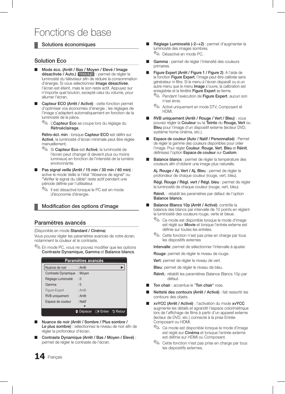Fonctions de base, Solution eco, Paramètres avancés | Samsung LE32C650L1W User Manual | Page 66 / 209