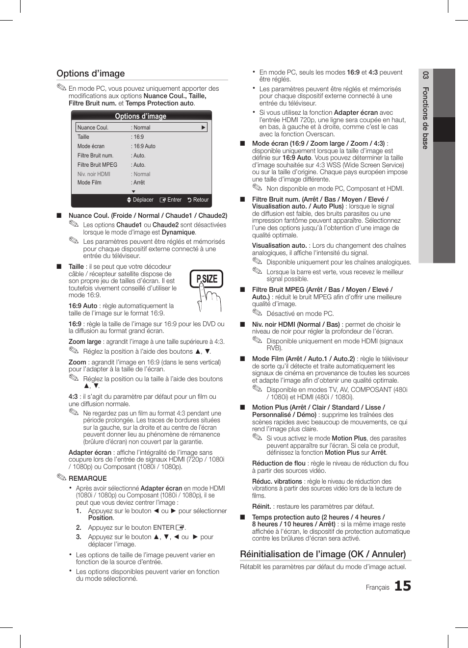 Options d’image, Réinitialisation de l’image (ok / annuler) | Samsung LE32C650L1W User Manual | Page 67 / 209