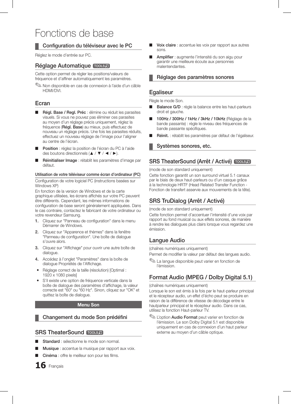 Fonctions de base, Réglage automatique, Ecran | Srs theatersound, Egaliseur, Srs theatersound (arrêt / activé), Srs trudialog (arrêt / activé), Langue audio, Format audio (mpeg / dolby digital 5.1) | Samsung LE32C650L1W User Manual | Page 68 / 209