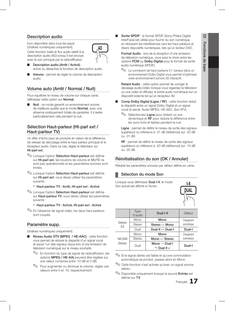 Description audio, Volume auto (arrêt / normal / nuit), Paramètre supp | Réinitialisation du son (ok / annuler) | Samsung LE32C650L1W User Manual | Page 69 / 209
