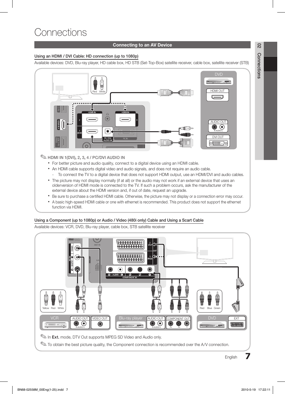 Connections, 02 connections, Connecting to an av device | English, Blu-ray player dvd vcr | Samsung LE32C650L1W User Manual | Page 7 / 209