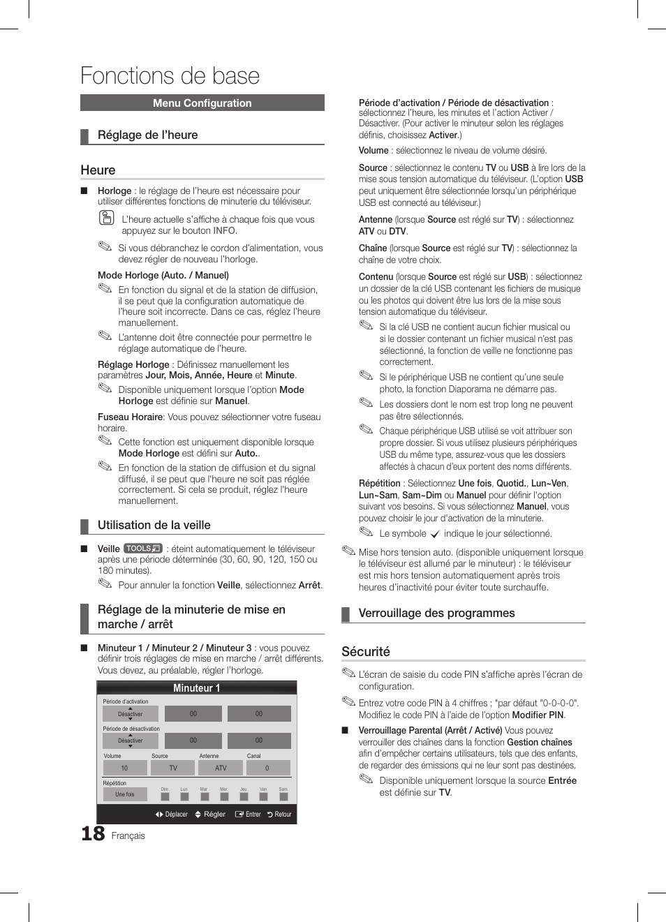 Fonctions de base, Heure, Sécurité | Samsung LE32C650L1W User Manual | Page 70 / 209