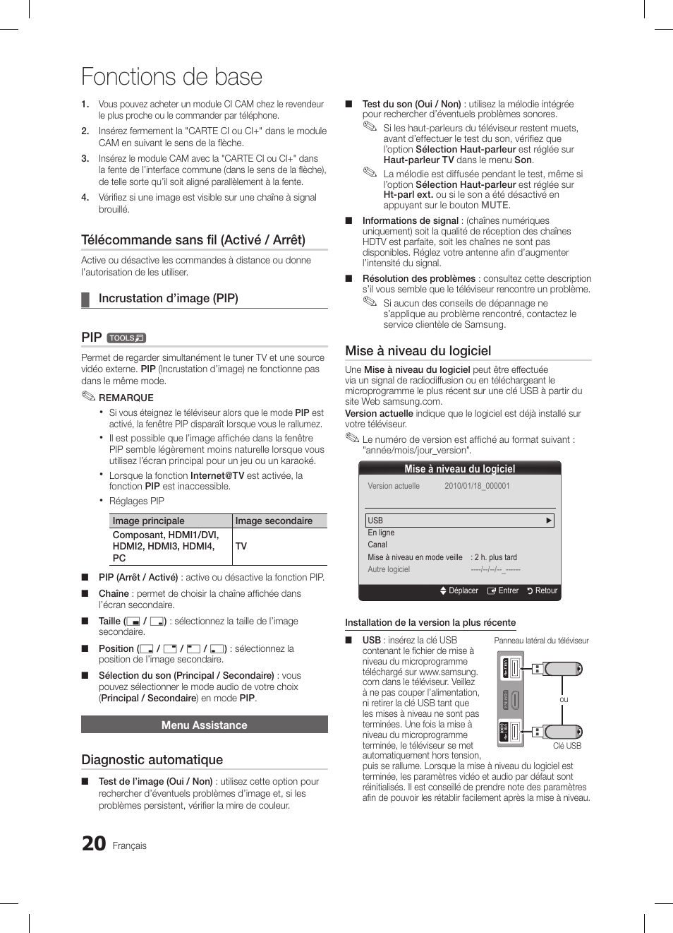 Fonctions de base, Télécommande sans fil (activé / arrêt), Diagnostic automatique | Mise à niveau du logiciel | Samsung LE32C650L1W User Manual | Page 72 / 209