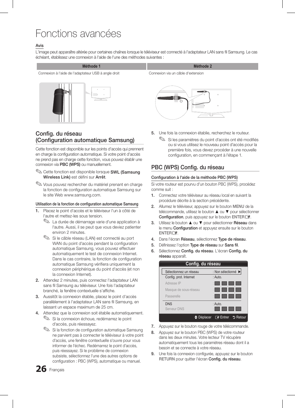 Fonctions avancées, Pbc (wps) config. du réseau | Samsung LE32C650L1W User Manual | Page 78 / 209