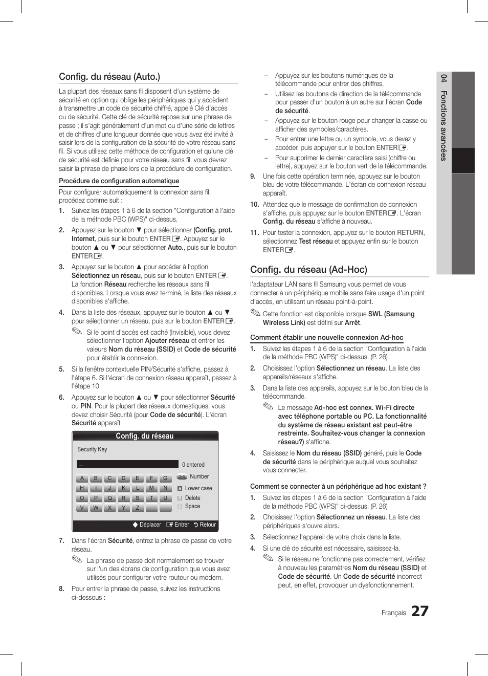 Config. du réseau (auto.), Config. du réseau (ad-hoc) | Samsung LE32C650L1W User Manual | Page 79 / 209