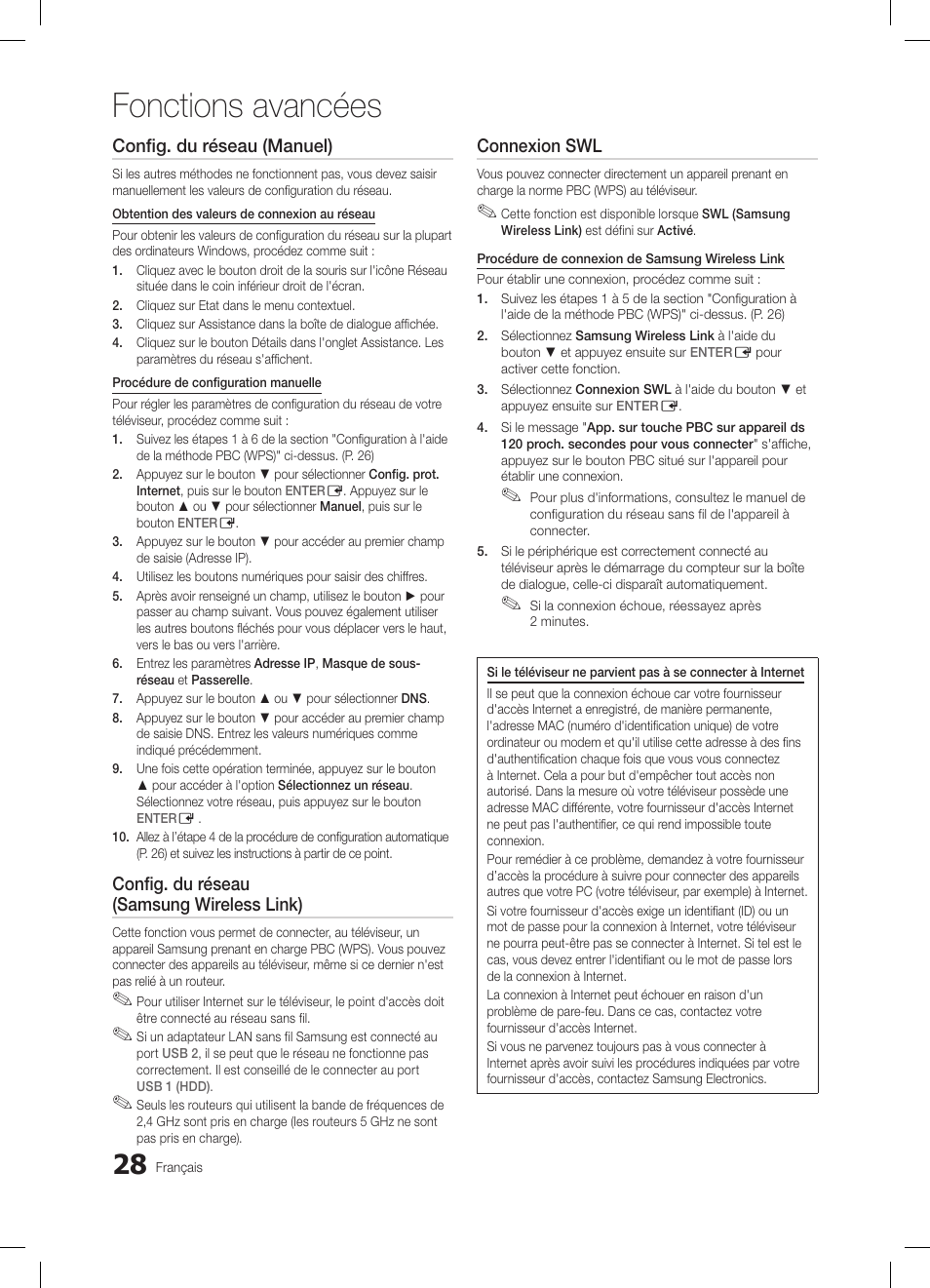 Fonctions avancées, Config. du réseau (manuel), Config. du réseau (samsung wireless link) | Connexion swl | Samsung LE32C650L1W User Manual | Page 80 / 209