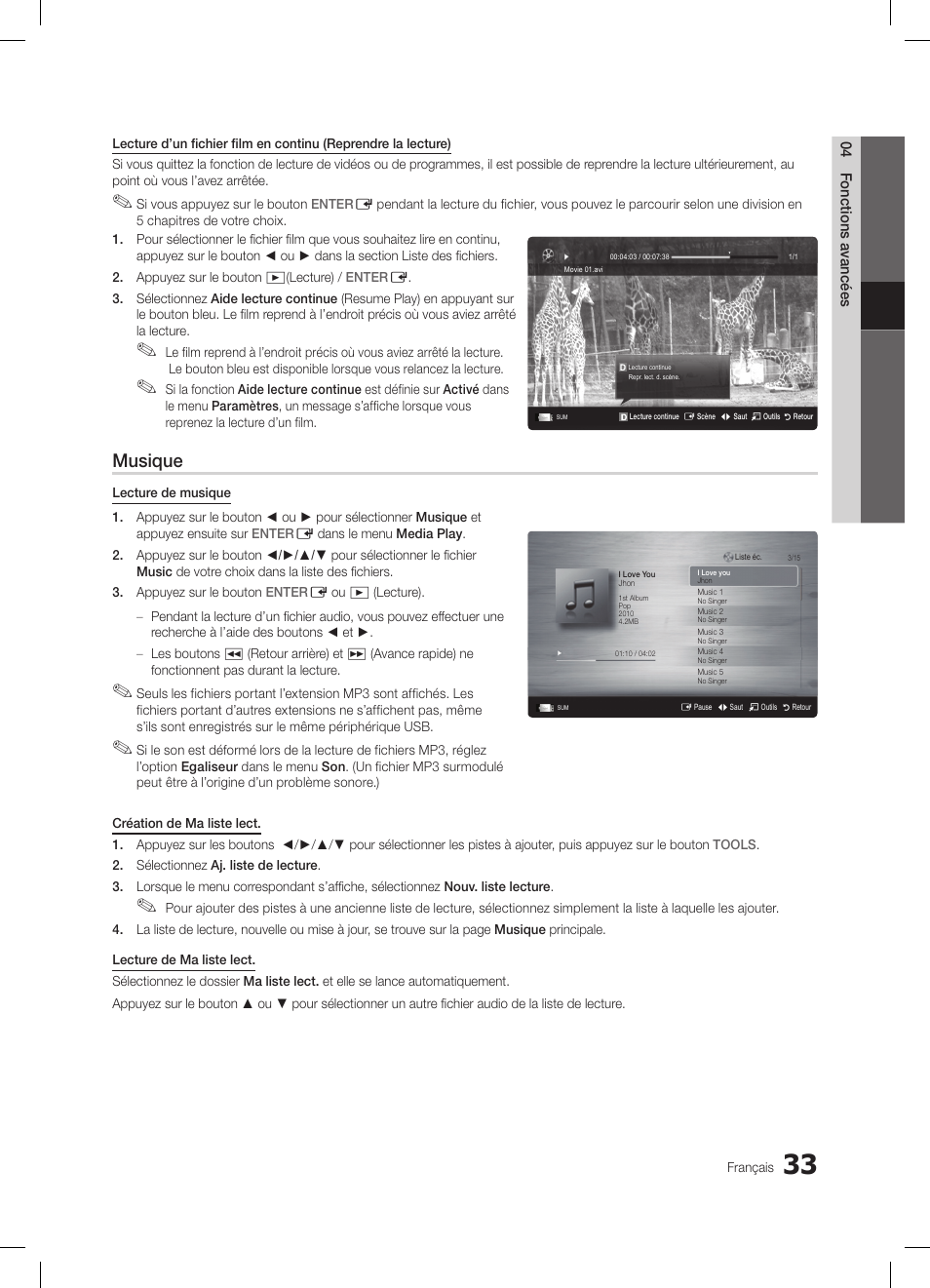 Musique | Samsung LE32C650L1W User Manual | Page 85 / 209