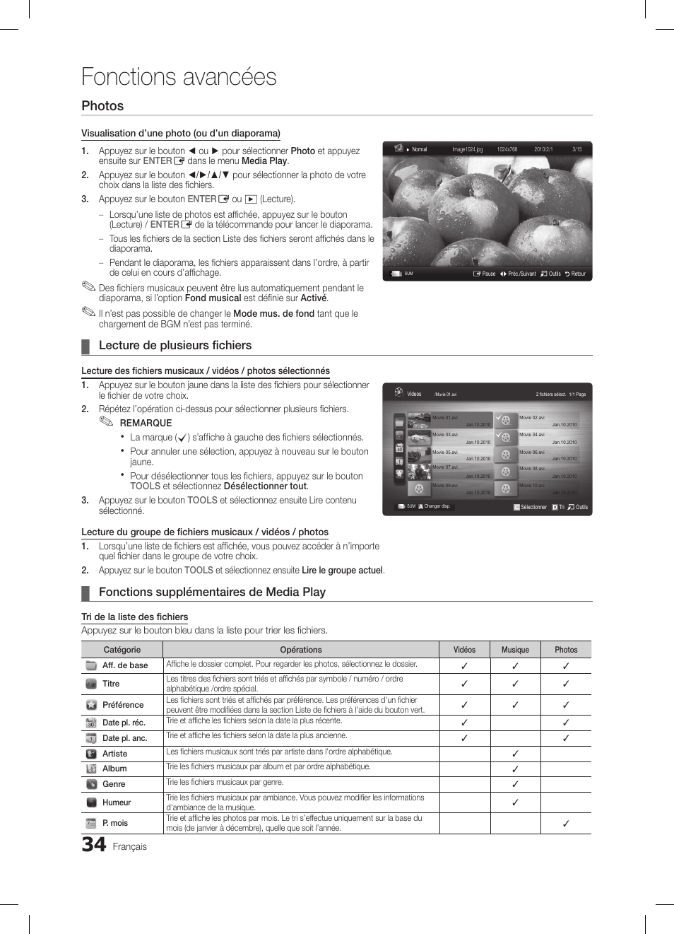 Fonctions avancées, Photos, Lecture de plusieurs fichiers | Fonctions supplémentaires de media play | Samsung LE32C650L1W User Manual | Page 86 / 209