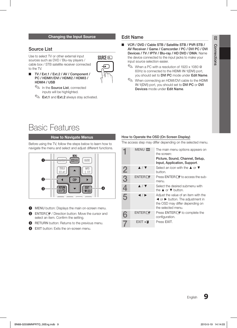 Basic features, Source list, Edit name | Samsung LE32C650L1W User Manual | Page 9 / 209