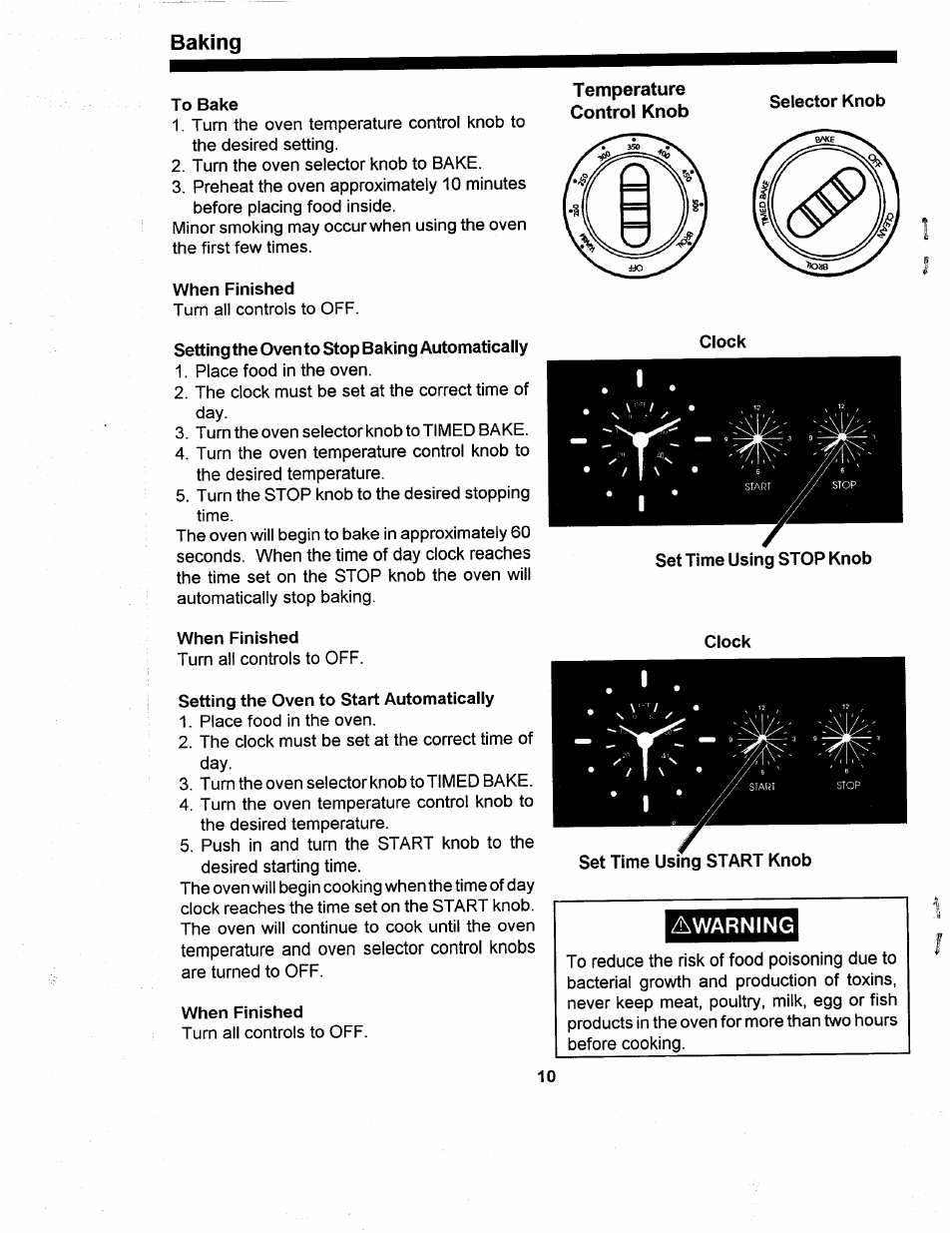 To bake, When finished, Setting the oven to stop baking automatically | Setting the oven to start automatically, Awarning | Amana ARR624 User Manual | Page 10 / 18