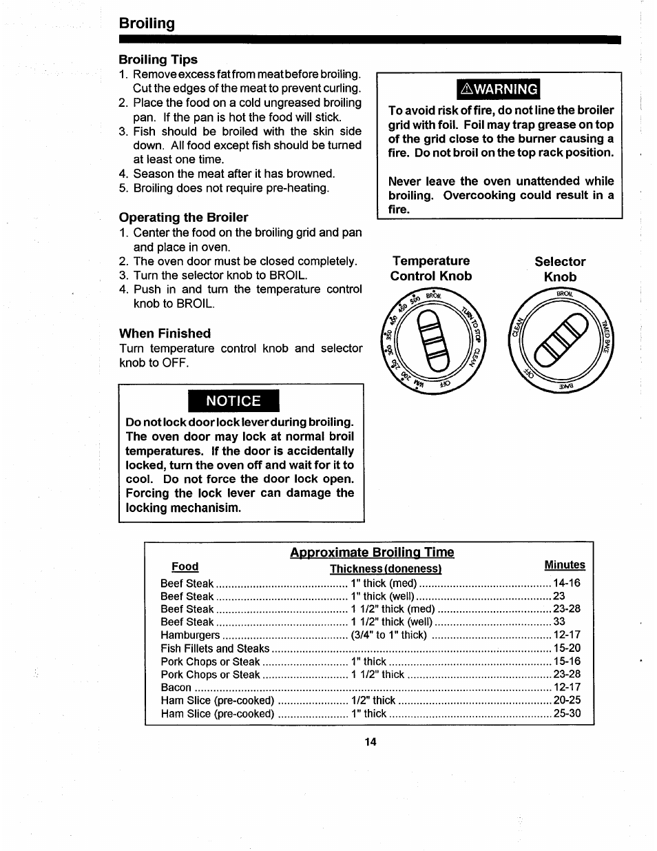 Broiling, Broiling tips, Operating the broiler | When finished, Temperature control knob, Notice, Awarning | Amana ARR624 User Manual | Page 14 / 18