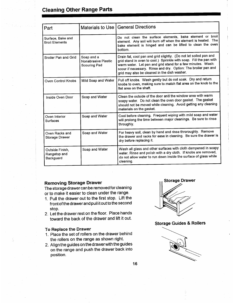 Cleaning other range parts, Removing storage drawer, To replace the drawer | Part materials to usegeneral directions | Amana ARR624 User Manual | Page 16 / 18