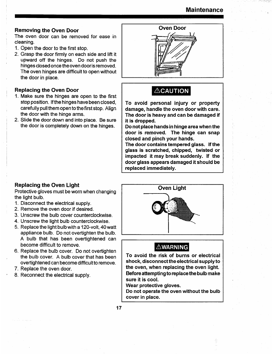 Removing the oven door, Replacing the oven door, Replacing the oven light | Acaution, Maintenance, Awarning | Amana ARR624 User Manual | Page 17 / 18