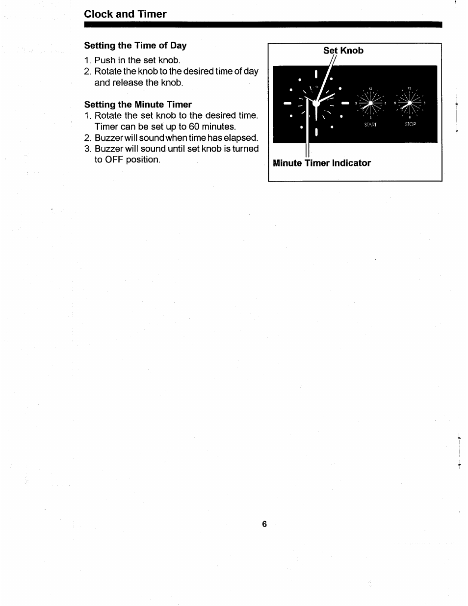 Clock and timer, Setting the time of day, Setting the minute timer | Amana ARR624 User Manual | Page 6 / 18
