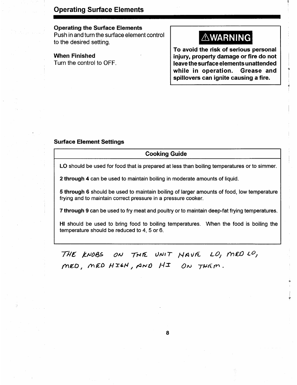 Operating surface elements, Operating the surface elements, When finished | Surface element settings, Cooking guide, Awarning | Amana ARR624 User Manual | Page 8 / 18