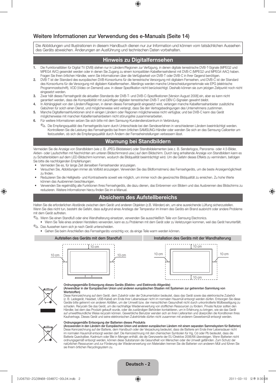 Hinweis zu digitalfernsehen, Warnung bei standbildern, Absichern des aufstellbereichs | Samsung UE37D6770WS User Manual | Page 24 / 86