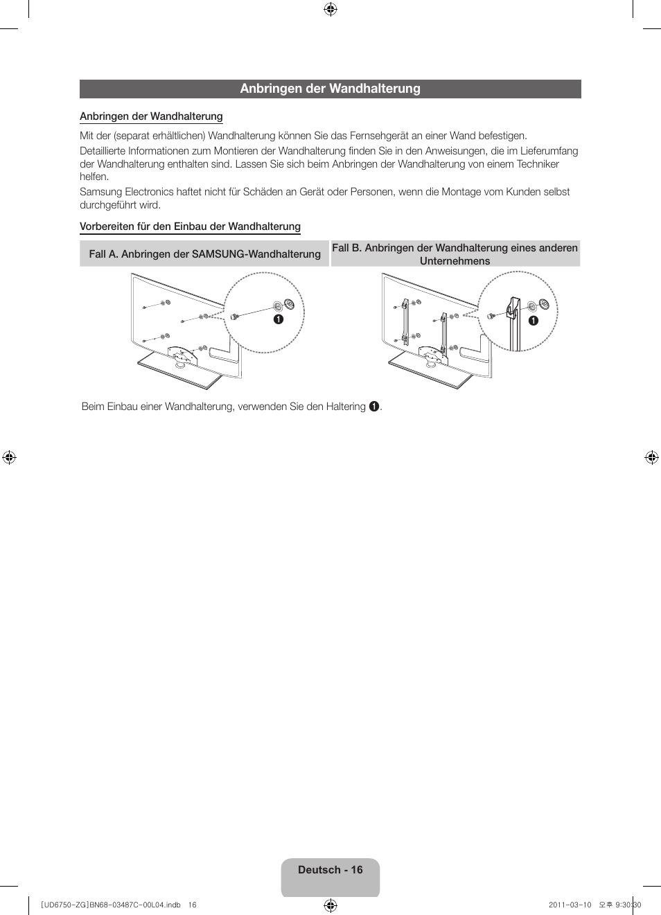 Anbringen der wandhalterung | Samsung UE37D6770WS User Manual | Page 38 / 86