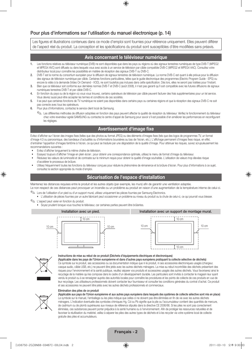 Avis concernant le téléviseur numérique, Avertissement d'image fixe, Sécurisation de l'espace d'installation | Samsung UE37D6770WS User Manual | Page 44 / 86