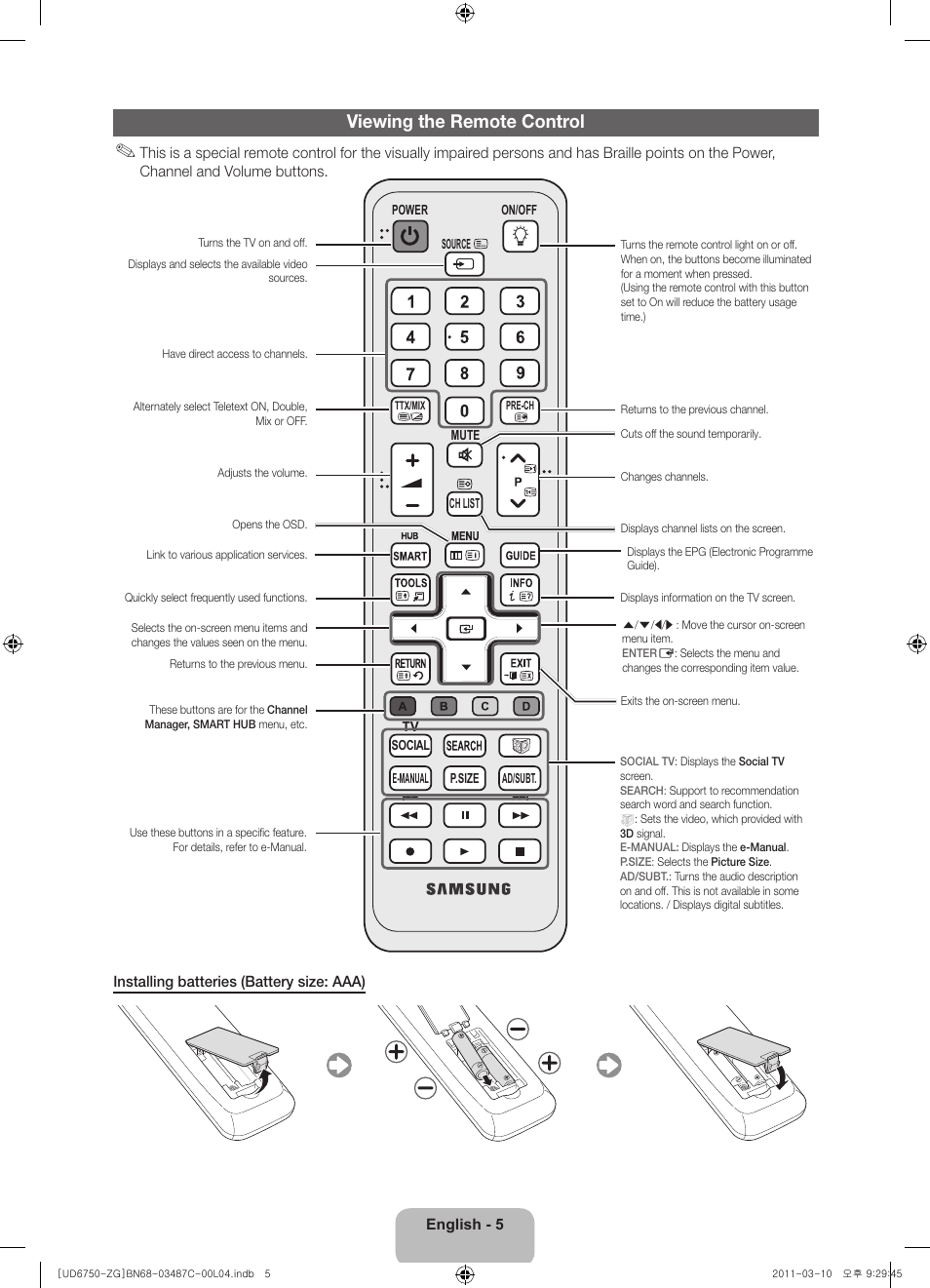 Viewing the remote control | Samsung UE37D6770WS User Manual | Page 5 / 86