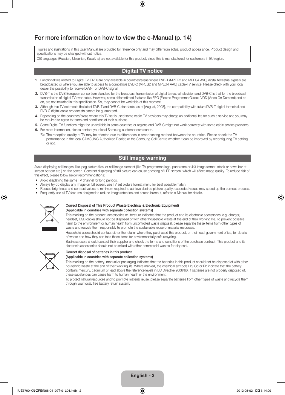 Digital tv notice, Still image warning | Samsung UE37ES6710S User Manual | Page 2 / 91