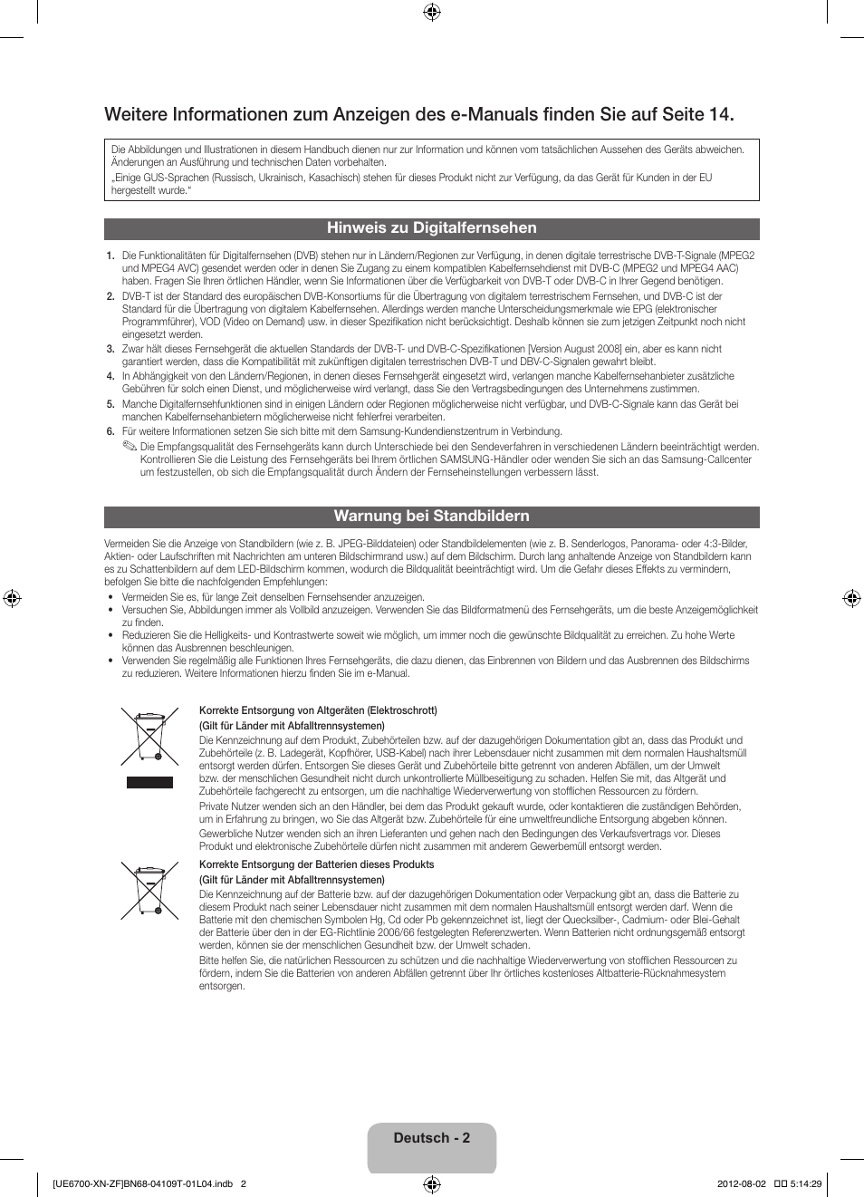 Hinweis zu digitalfernsehen, Warnung bei standbildern | Samsung UE37ES6710S User Manual | Page 46 / 91