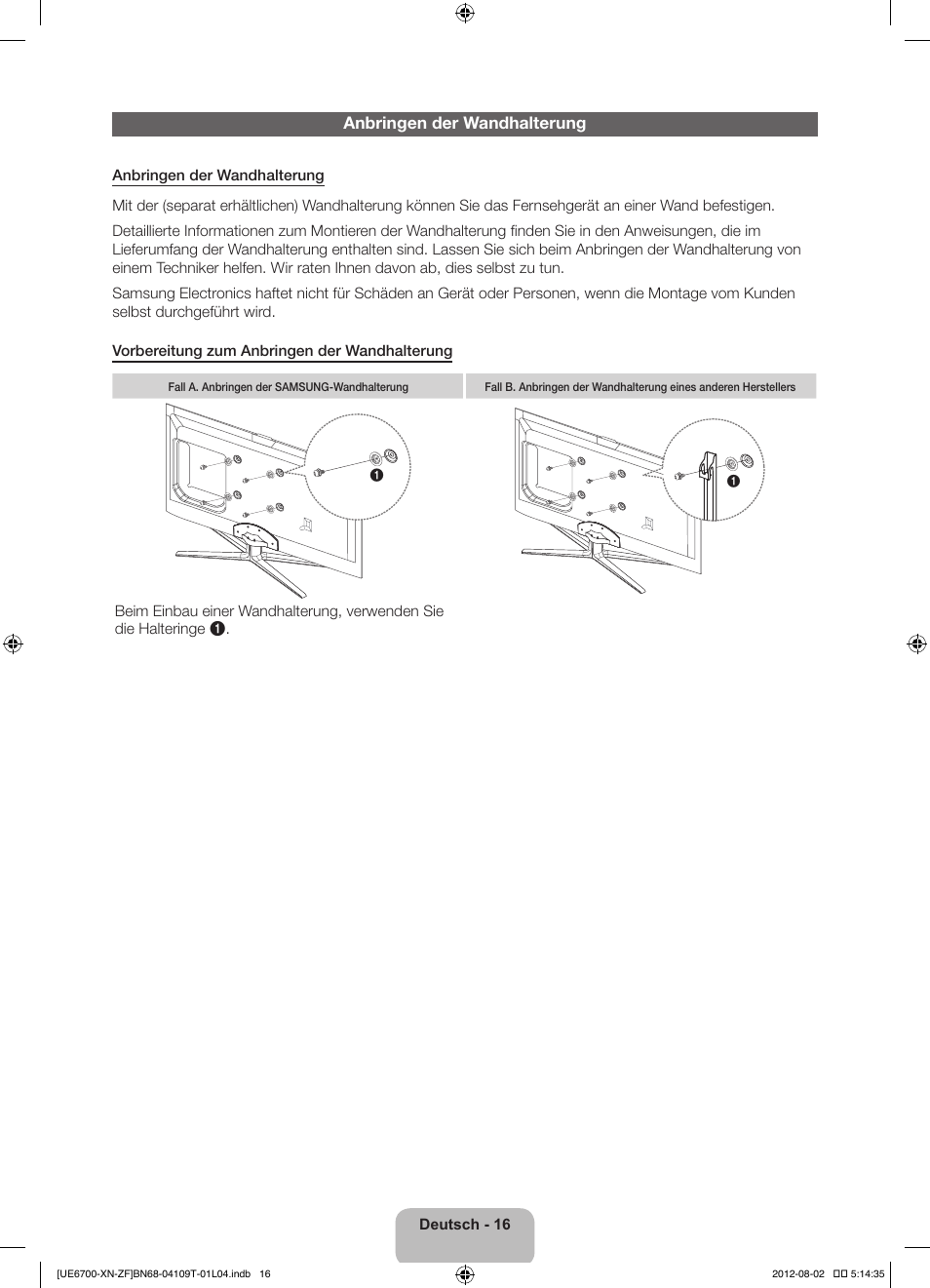 Anbringen der wandhalterung | Samsung UE37ES6710S User Manual | Page 60 / 91