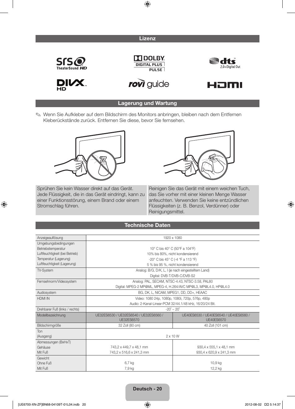 Lizenz lagerung und wartung, Technische daten | Samsung UE37ES6710S User Manual | Page 64 / 91