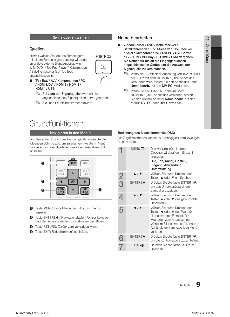 Grundfunktionen, Subt. dual i-ii p.mode s.mode source, Hdmi | Samsung LE46C570J1S User Manual | Page 107 / 197