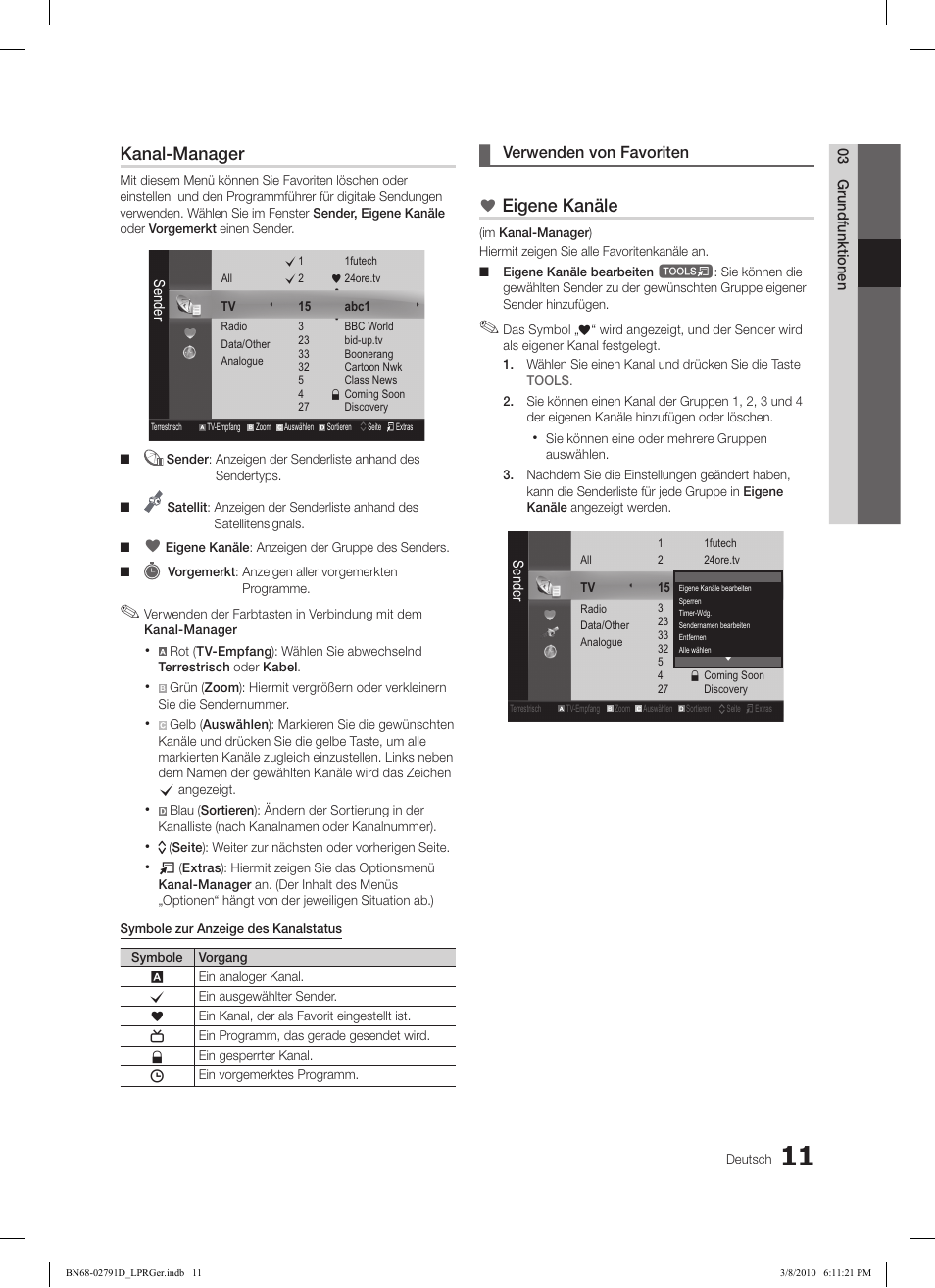 Kanal-manager, Eigene kanäle, Verwenden von favoriten | Samsung LE46C570J1S User Manual | Page 109 / 197