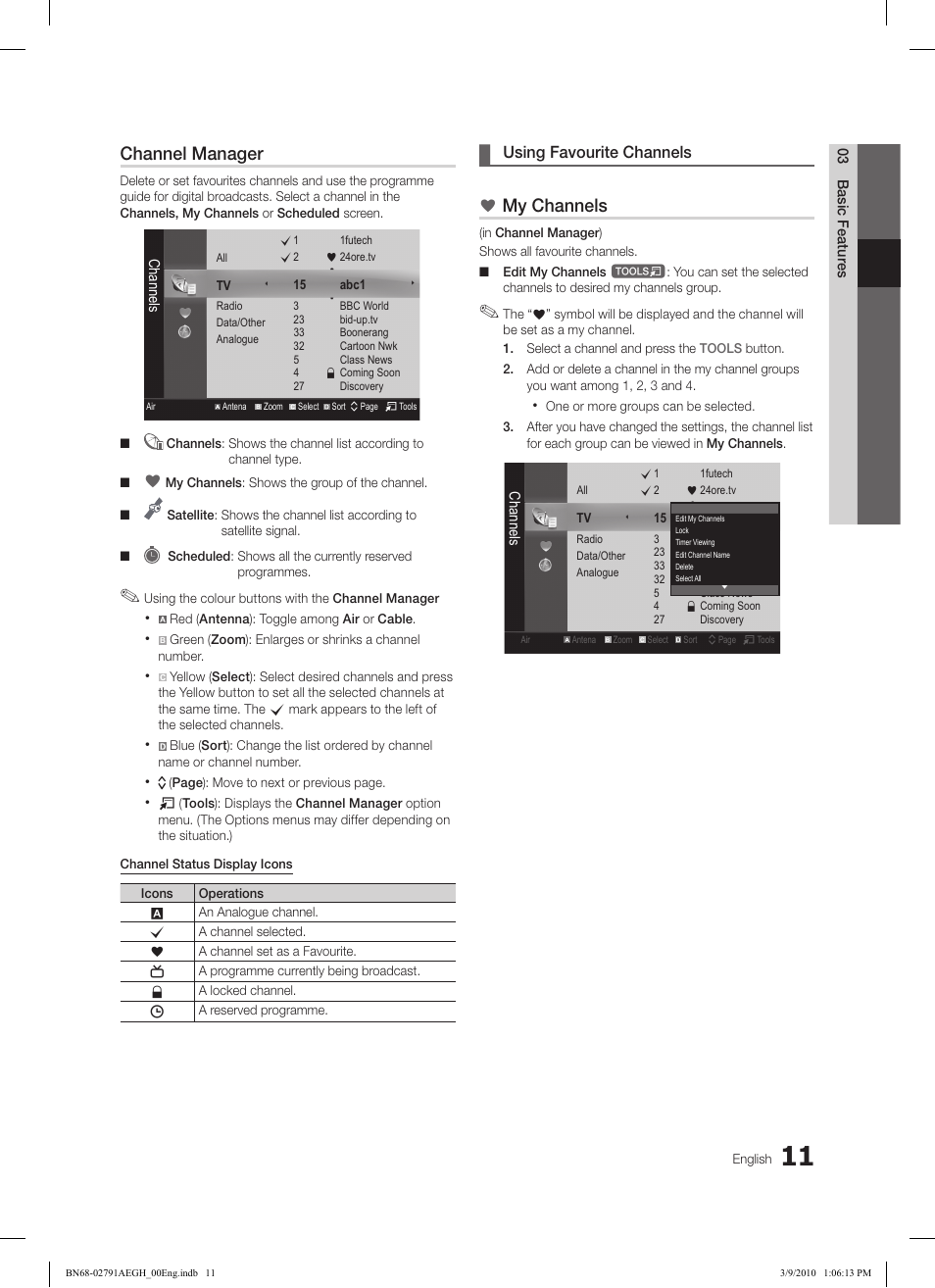 Channel manager, My channels, Using ¦ favourite channels | Samsung LE46C570J1S User Manual | Page 11 / 197
