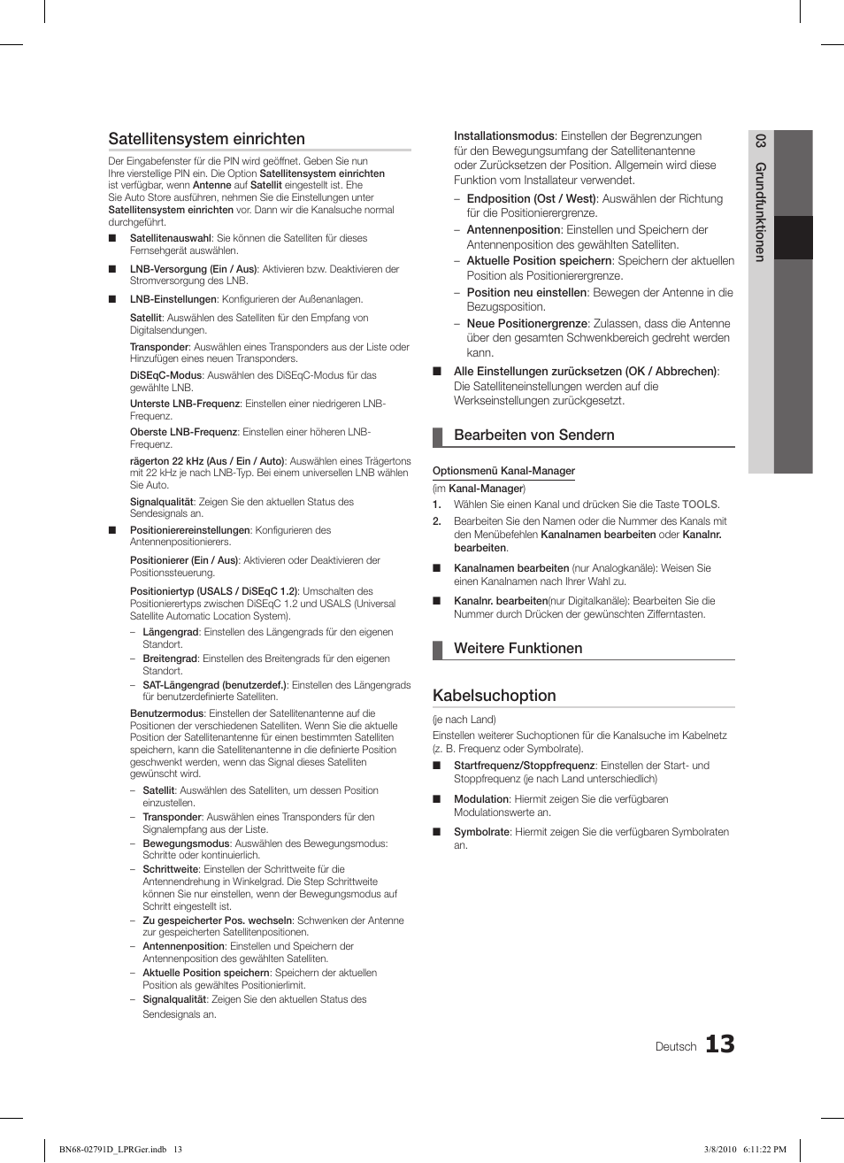 Satellitensystem einrichten, Kabelsuchoption, Bearbeiten von sendern | Weitere funktionen | Samsung LE46C570J1S User Manual | Page 111 / 197