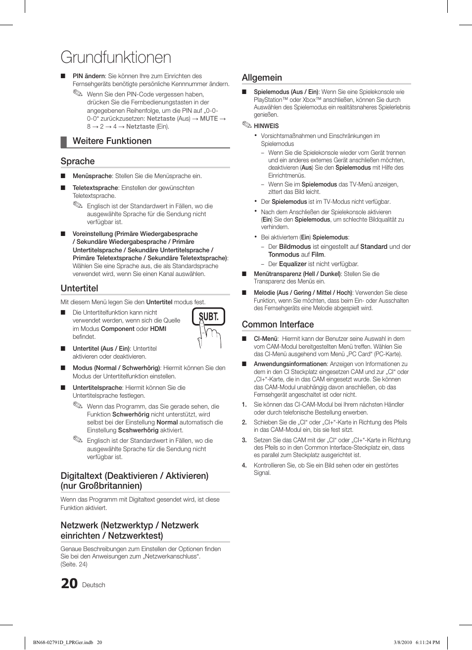 Grundfunktionen, Weitere funktionen ¦ sprache, Untertitel | Allgemein, Common interface | Samsung LE46C570J1S User Manual | Page 118 / 197