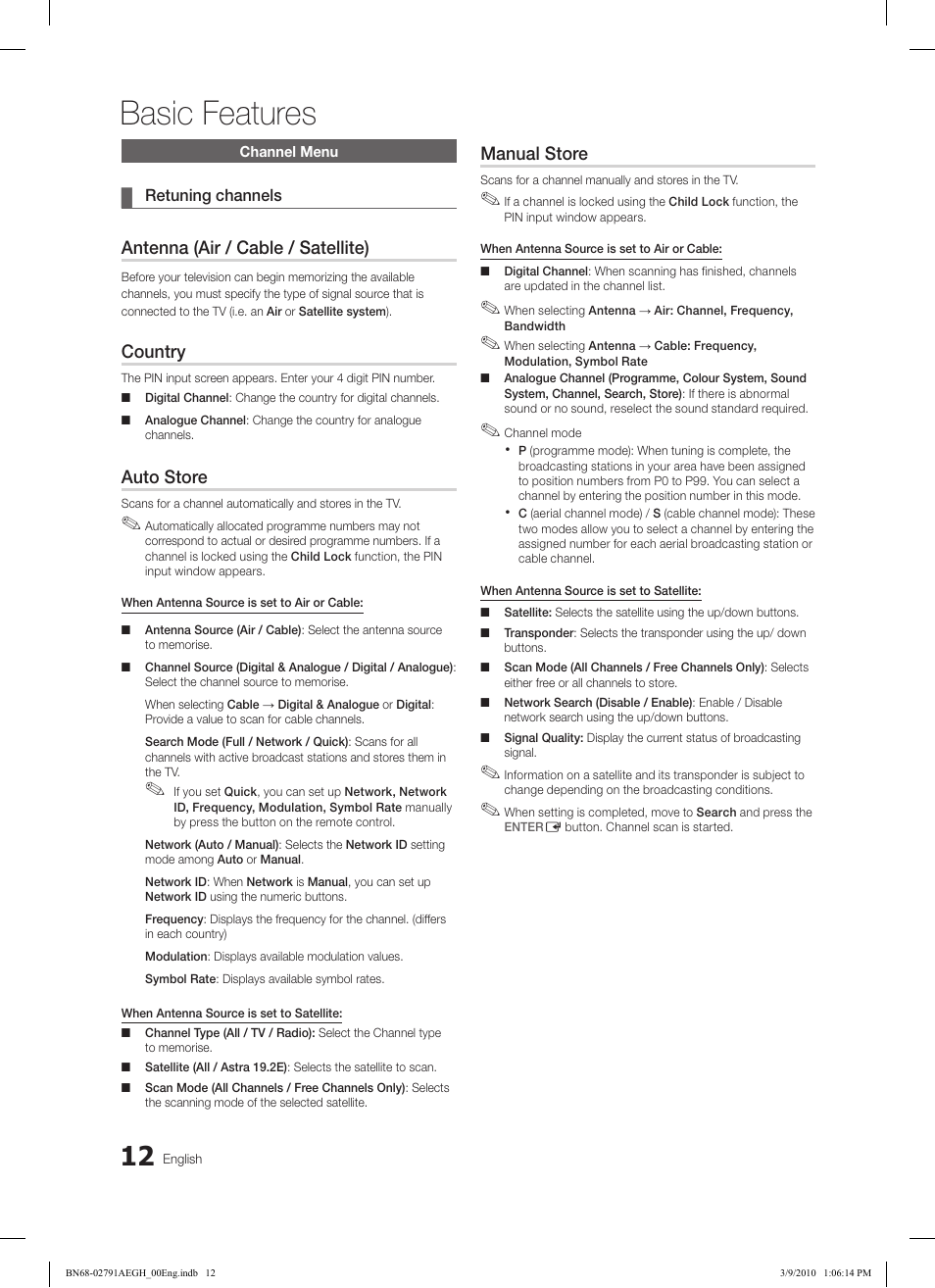 Basic features, Antenna (air / cable / satellite), Country | Auto store, Manual store | Samsung LE46C570J1S User Manual | Page 12 / 197