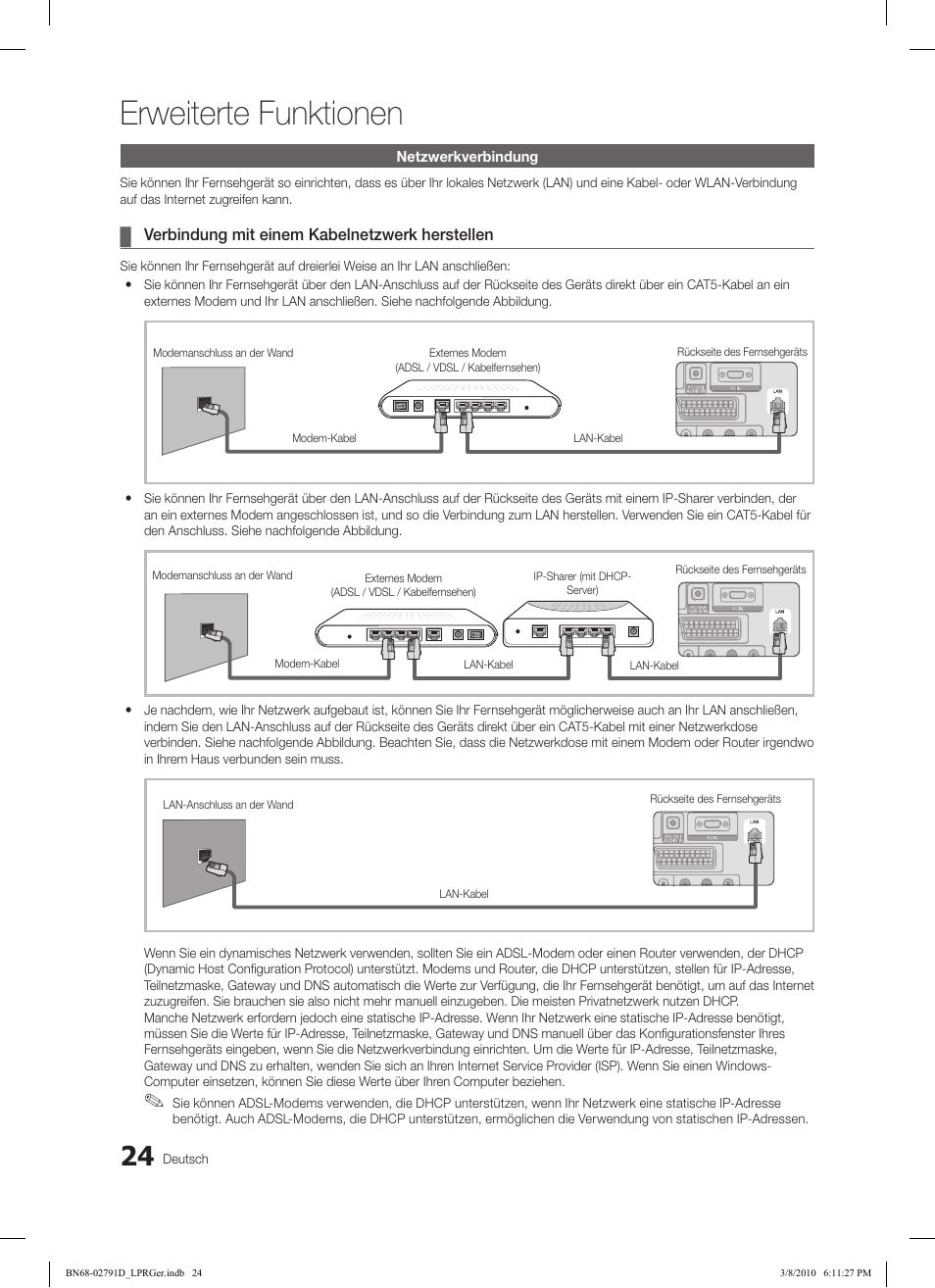 Erweiterte funktionen, Verbindung mit einem kabelnetzwerk herstellen | Samsung LE46C570J1S User Manual | Page 122 / 197