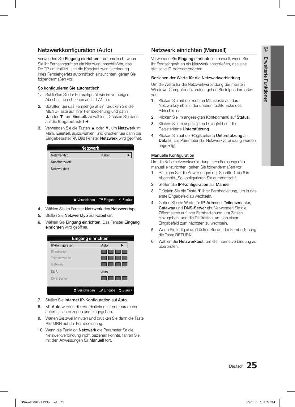 Netzwerkkonfiguration (auto), Netzwerk einrichten (manuell) | Samsung LE46C570J1S User Manual | Page 123 / 197