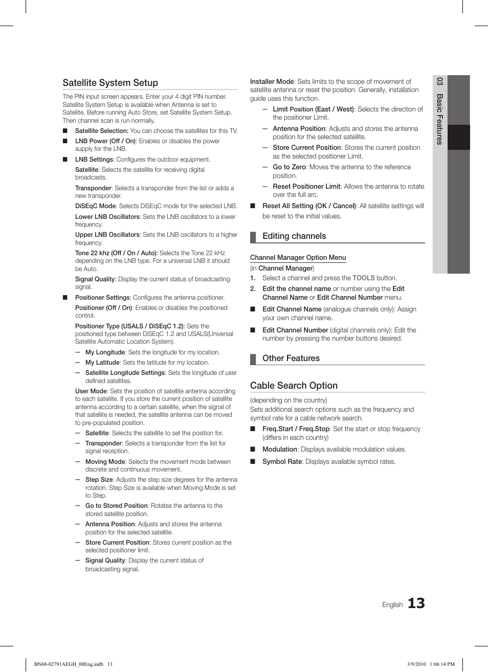 Satellite system setup, Cable search option | Samsung LE46C570J1S User Manual | Page 13 / 197