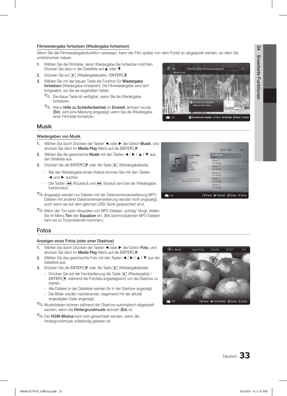 Musik, Fotos | Samsung LE46C570J1S User Manual | Page 131 / 197